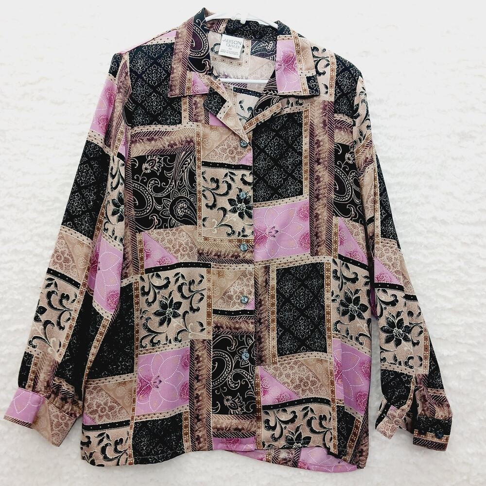 Blouse Button-Up Hot Pink Black Patchwork Casual Office Bloomcore Whimsy Size 14